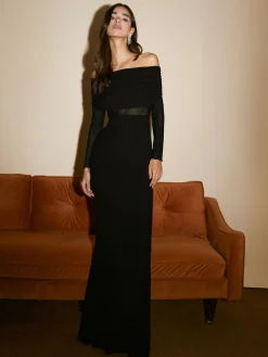 Overfold Off-Shoulder Mesh Long Sleeve Long Dress