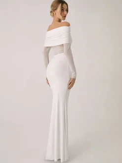 Overfold Off-Shoulder Mesh Long Sleeve Long Dress
