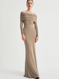 Overfold Off-Shoulder Mesh Long Sleeve Long Dress