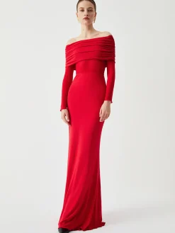 Overfold Off-Shoulder Mesh Long Sleeve Long Dress