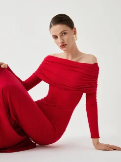 Overfold Off-Shoulder Mesh Long Sleeve Long Dress