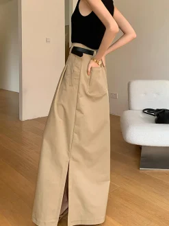Oversized Cotton Split Maxi Skirt Without Belt