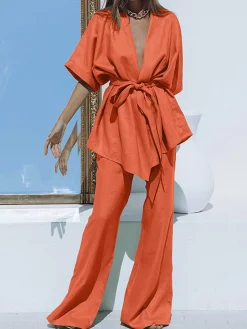 Oversized Linen Tied Two Piece Pants Set