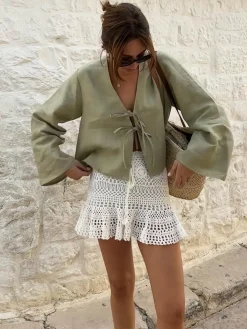 Oversized Long Tie-Front Sleeve Blouse