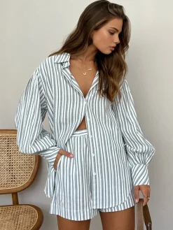 Oversized Striped Pockets Casual Shorts Set