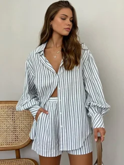 Oversized Striped Pockets Casual Shorts Set