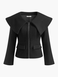Oversized-Collar Slim Zipper Blazer