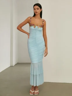 Paradise Flower Trim Pleated Mermaid Long Dress