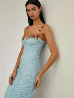 Paradise Flower Trim Pleated Mermaid Long Dress