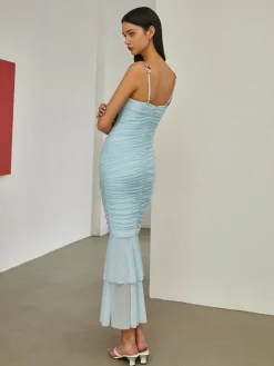 Paradise Flower Trim Pleated Mermaid Long Dress