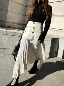 Patchwork Asymmetrical Pleated Buttoned Midi Skirt