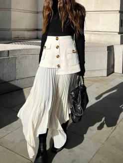 Patchwork Asymmetrical Pleated Buttoned Midi Skirt