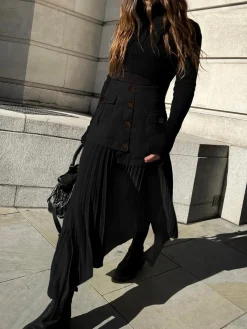 Patchwork Asymmetrical Pleated Buttoned Midi Skirt