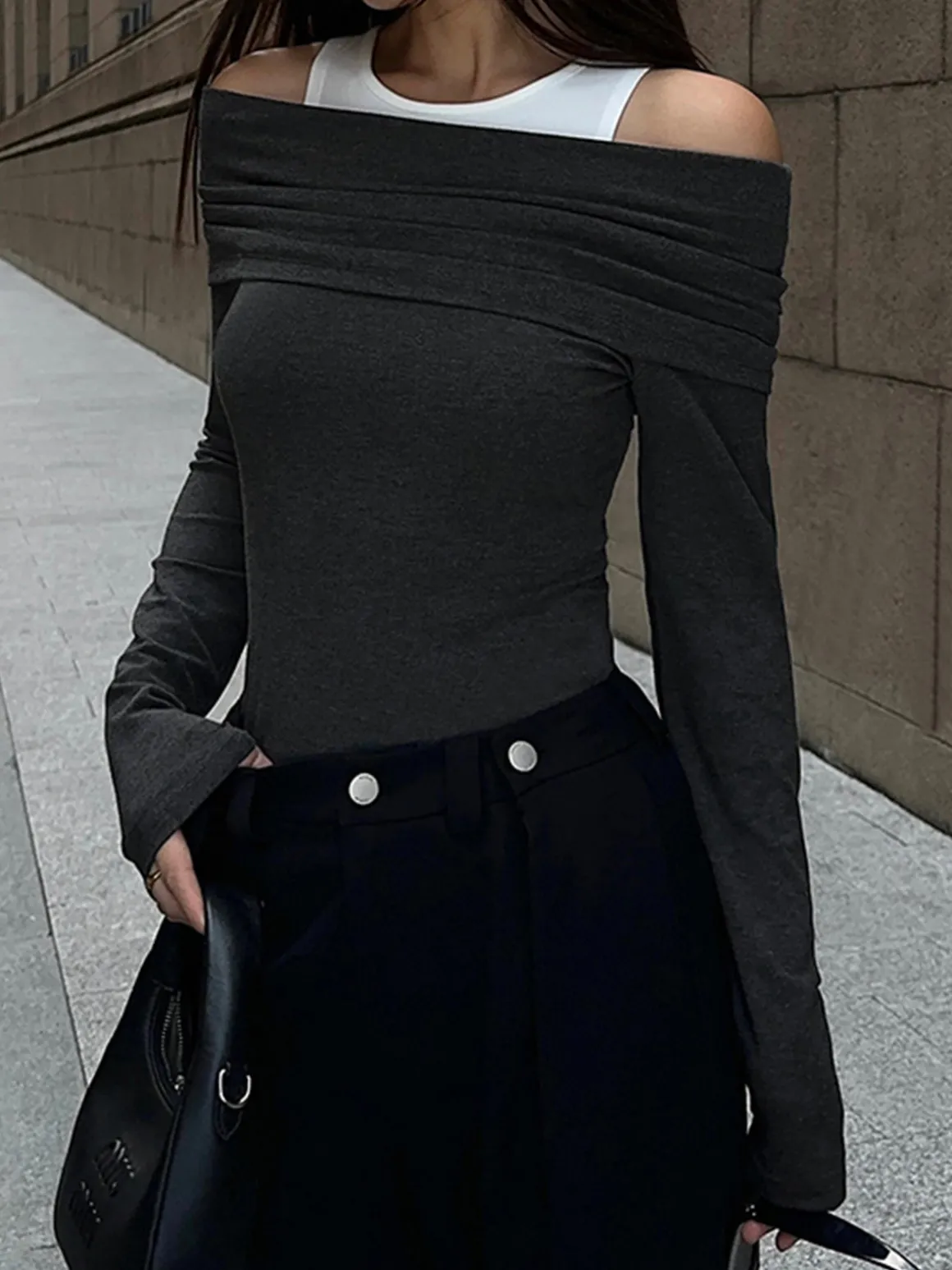Patchwork Contrast Color Crew Neck Overfold Cold Shoulder Ribbed Knit Shirt