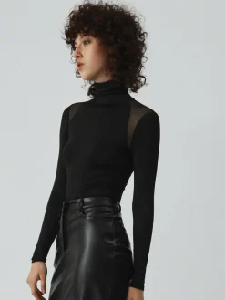 Patchwork Mesh Turtleneck Long Sleeve Bodysuit