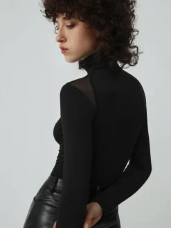 Patchwork Mesh Turtleneck Long Sleeve Bodysuit