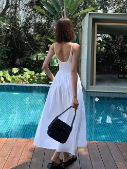 Patchwork Pockets Cotton Cami Midi Dress