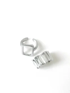 2pcs Geometric Silver Ribbed Ring