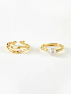 2pcs Golden Wavy Pearl Open Ring