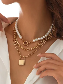 3pcs Lock Pearl Necklace