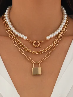 3pcs Lock Pearl Necklace