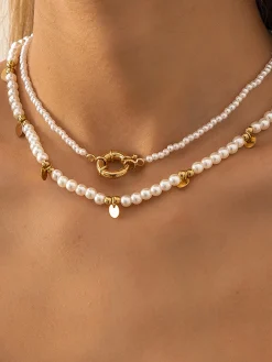2pcs Pearl Beaded Golden Hoop Necklace
