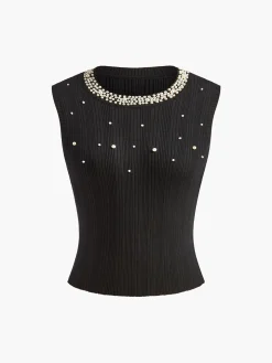 Pearl Beaded Stretch Sweater Vest