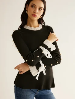 Pearl Decor Panel Pleated Blouse