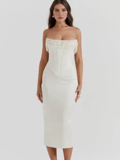 Pearl Decor Strapless Midi Dress