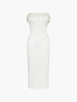 Pearl Decor Strapless Midi Dress