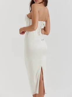 Pearl Decor Strapless Midi Dress