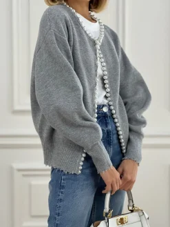 Pearl Trim Ripped Hem Cardigan