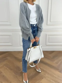Pearl Trim Ripped Hem Cardigan
