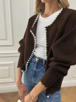 Pearl Trim Ripped Hem Cardigan