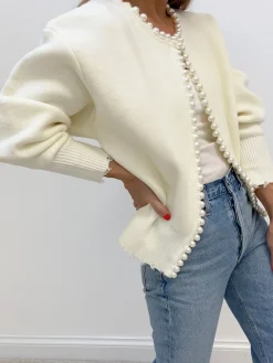 Pearl Trim Ripped Hem Cardigan