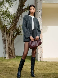 Pinstripe Button Blazer With Tassel Scarf