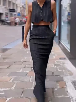Pinstripe Button Crop Two Pieces Skirt Set
