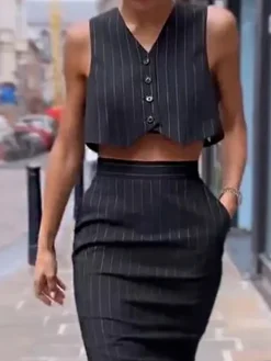 Pinstripe Button Crop Two Pieces Skirt Set