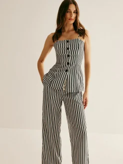 Pinstripe Button Strapless Pants Set