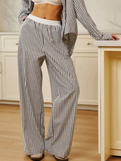 Pinstripe Contrast Binding Wide Leg Pants