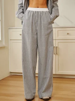 Pinstripe Contrast Binding Wide Leg Pants