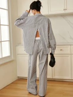 Pinstripe Contrast Binding Wide Leg Pants