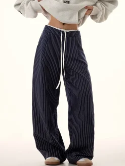 Pinstripe Drawstring Wide Leg Pants