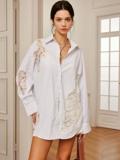 Pinstripe Lace Patchwork Lapel Shirt