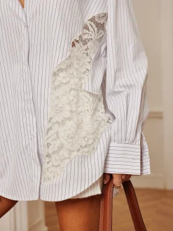 Pinstripe Lace Patchwork Lapel Shirt