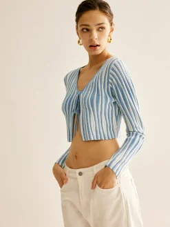 Pinstripe Lace Up Knit Cardigan