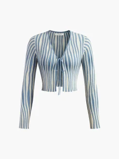 Pinstripe Lace Up Knit Cardigan