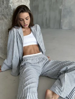 Pinstripe Lapel Long Sleeve Pants Set