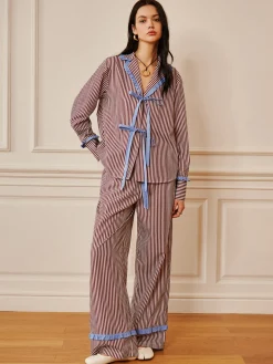 Pinstripe Ruffle Tie Front Shirt
