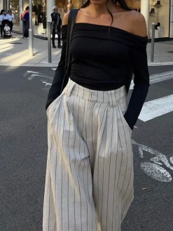 Pinstripe Zippered Wide Leg Pants